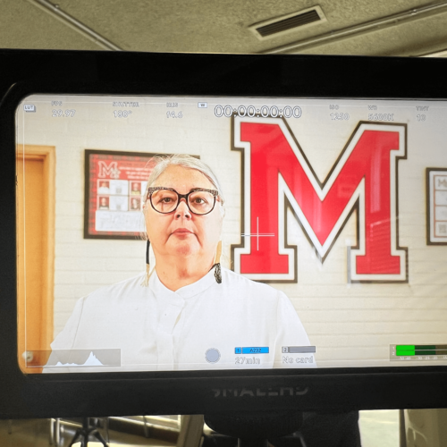 An image of a woman giving an interview on the display screen of a videocamera